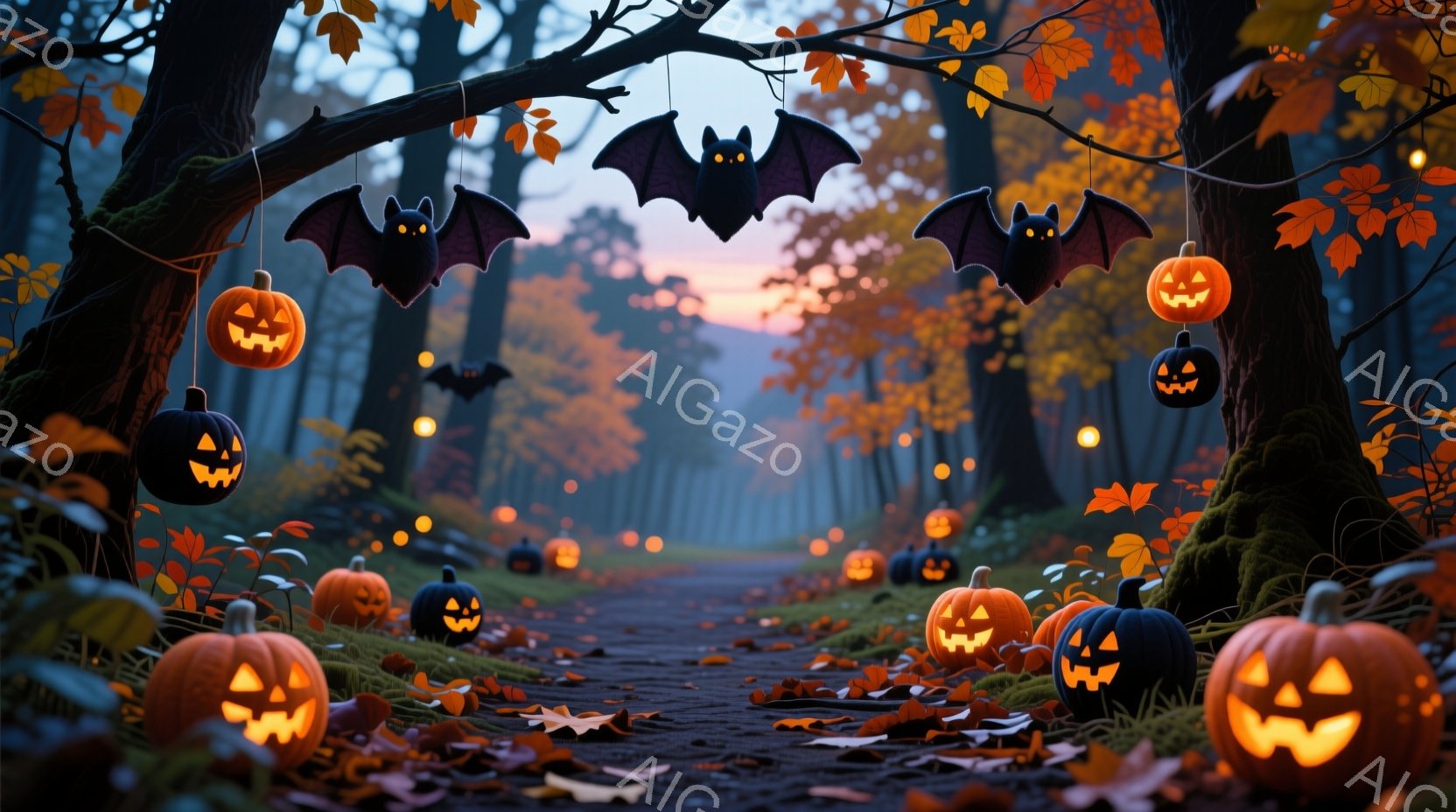 不気味な森の小道が、ハロウィーンの装飾で彩られています。切り開かれた道の両脇には、ジャック・オー・ランタンが所々に配置され、頭上には黒いコウモリが舞い、背景は夕暮れ時の暖色で染められています。落ち葉が - AI生成フリー素材