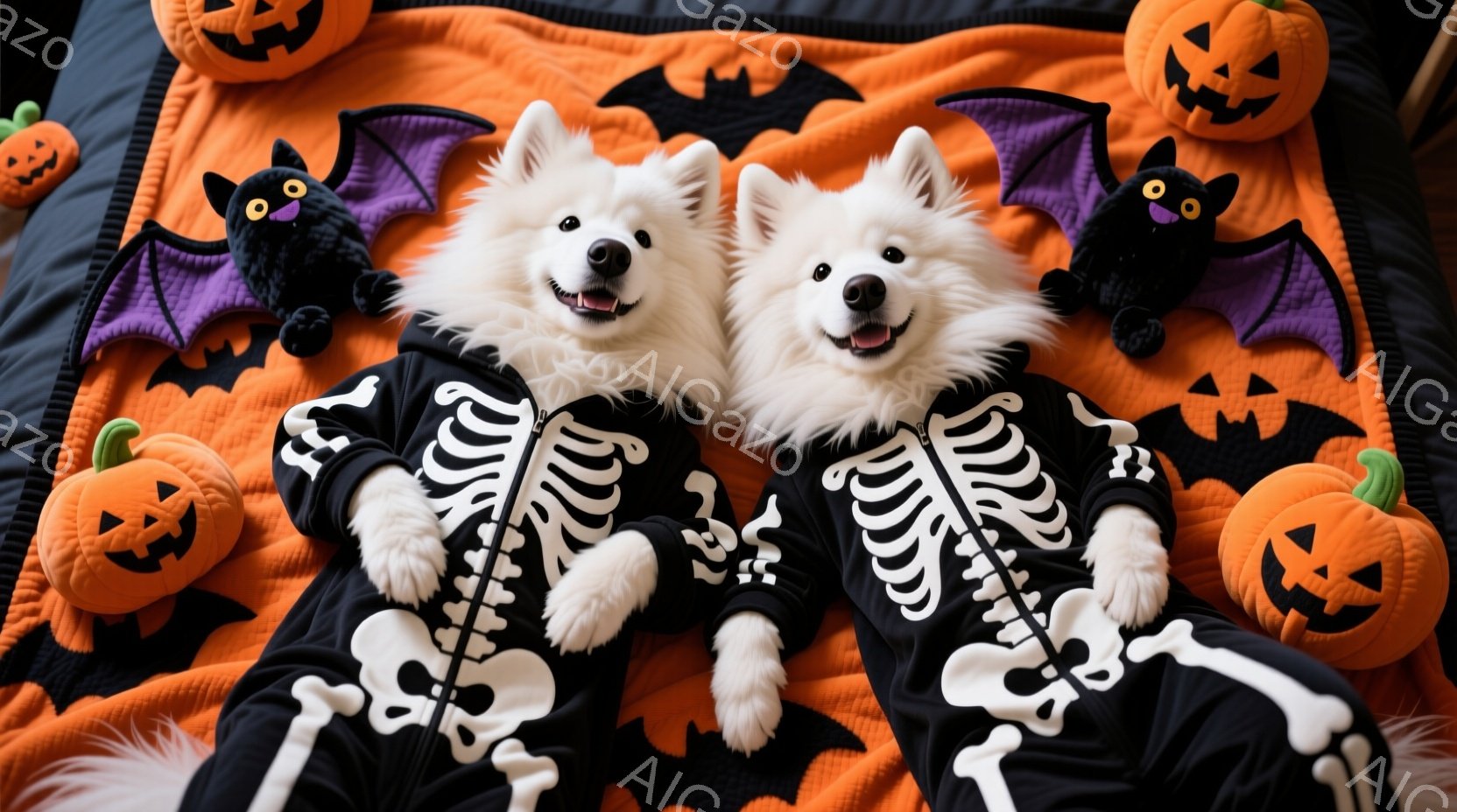 白い毛並みの犬が2匹、ハロウィーンをテーマにした黒い骸骨模様の衣装を着て、オレンジ色の背景に寝そべっています。犬たちは口を開けて笑顔を見せ、リラックスした表情をしています。背景には、かぼちゃの形をした - AI生成フリー素材