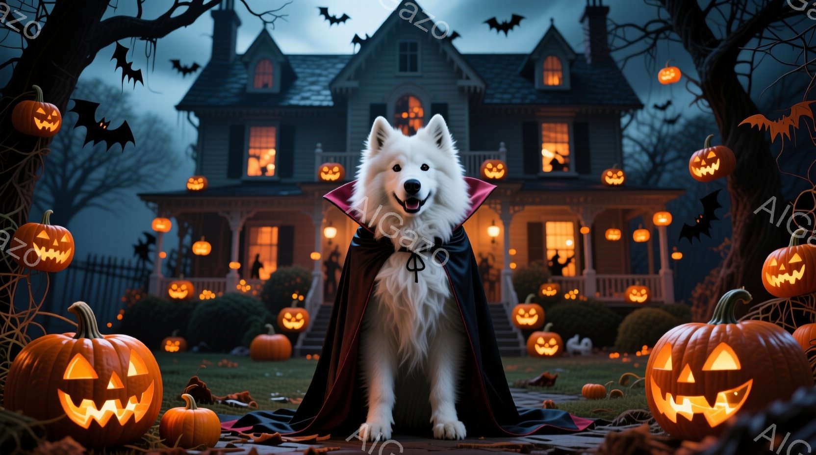 白い毛並みの大型犬が、黒いマントと赤い襟付きの衣装を身に着けて正面を向いています。背景には、ジャック・オー・ランタンで飾られた古風な邸宅と、暗い夜空に舞うコウモリが見え、ハロウィーンの雰囲気です。犬は - AI生成フリー素材