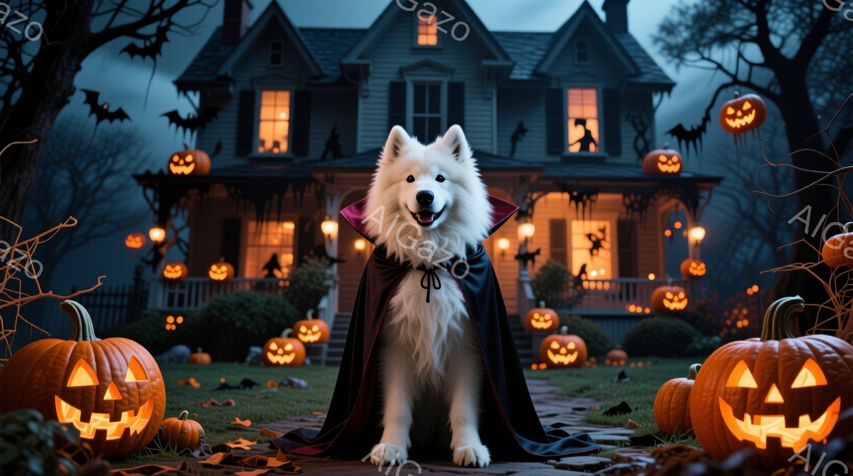 白い毛並みの犬が、ハロウィーン用の黒いマントと赤い襟飾りを身につけて正面を向いています。背景には、ジャック・オ・ランタンで飾られた不気味な屋敷と、暗い空を舞うコウモリが見え、落ち葉が散らばる芝生の上に - AI生成フリー素材