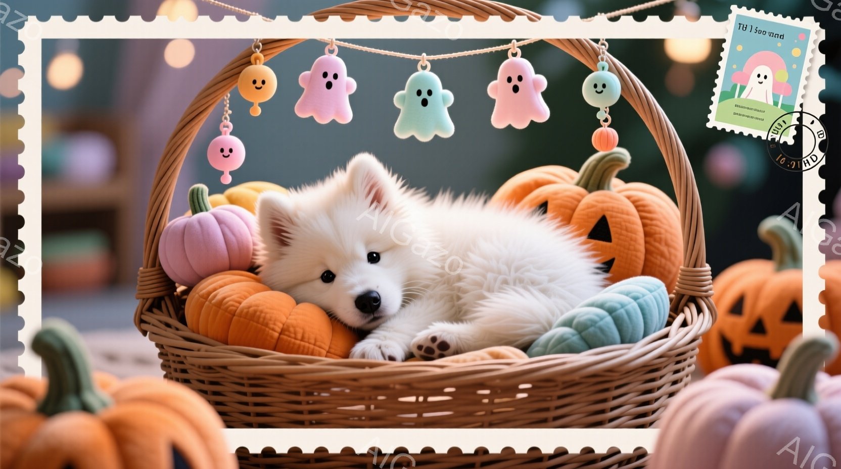 白い毛並みの子犬が、オレンジと水色のストライプが特徴的なカゴの中に丸まって眠っています。背景には、可愛らしいお化けのガーランドと、様々な色のカボチャが飾られており、ハロウィンの雰囲気を醸し出しています - AI生成フリー素材