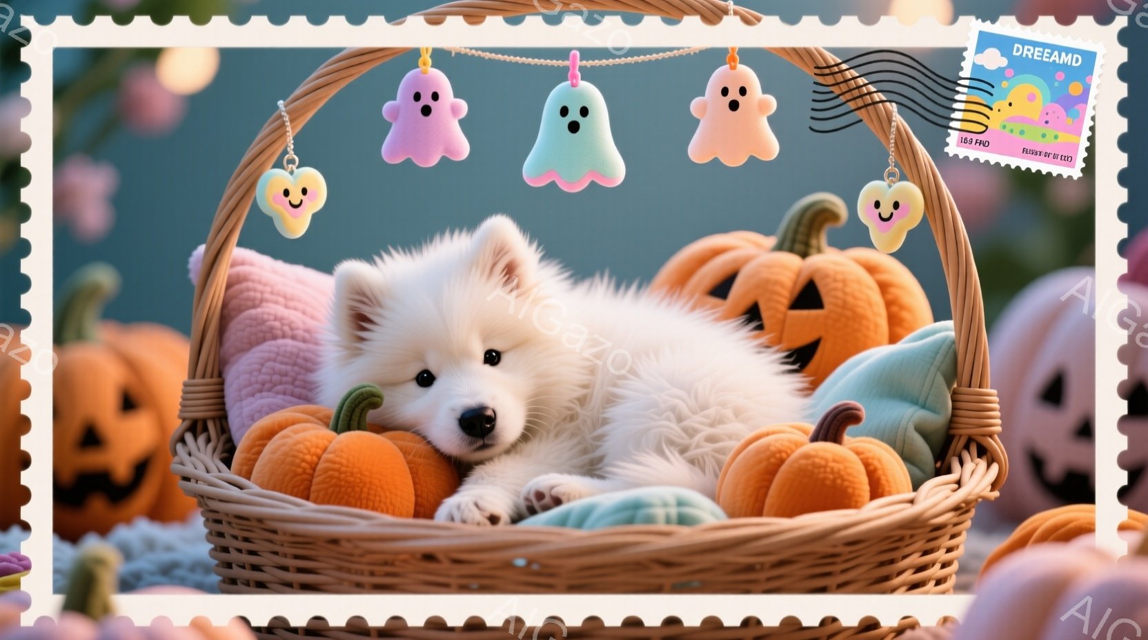 ふわふわの白い子犬が、オレンジと水色のカボチャに囲まれたバスケットの中で丸まって眠っています。頭上には、可愛らしいゴーストの飾り付けが飾られており、ハロウィーンの雰囲気を醸し出しています。背景はぼやけ - AI生成フリー素材