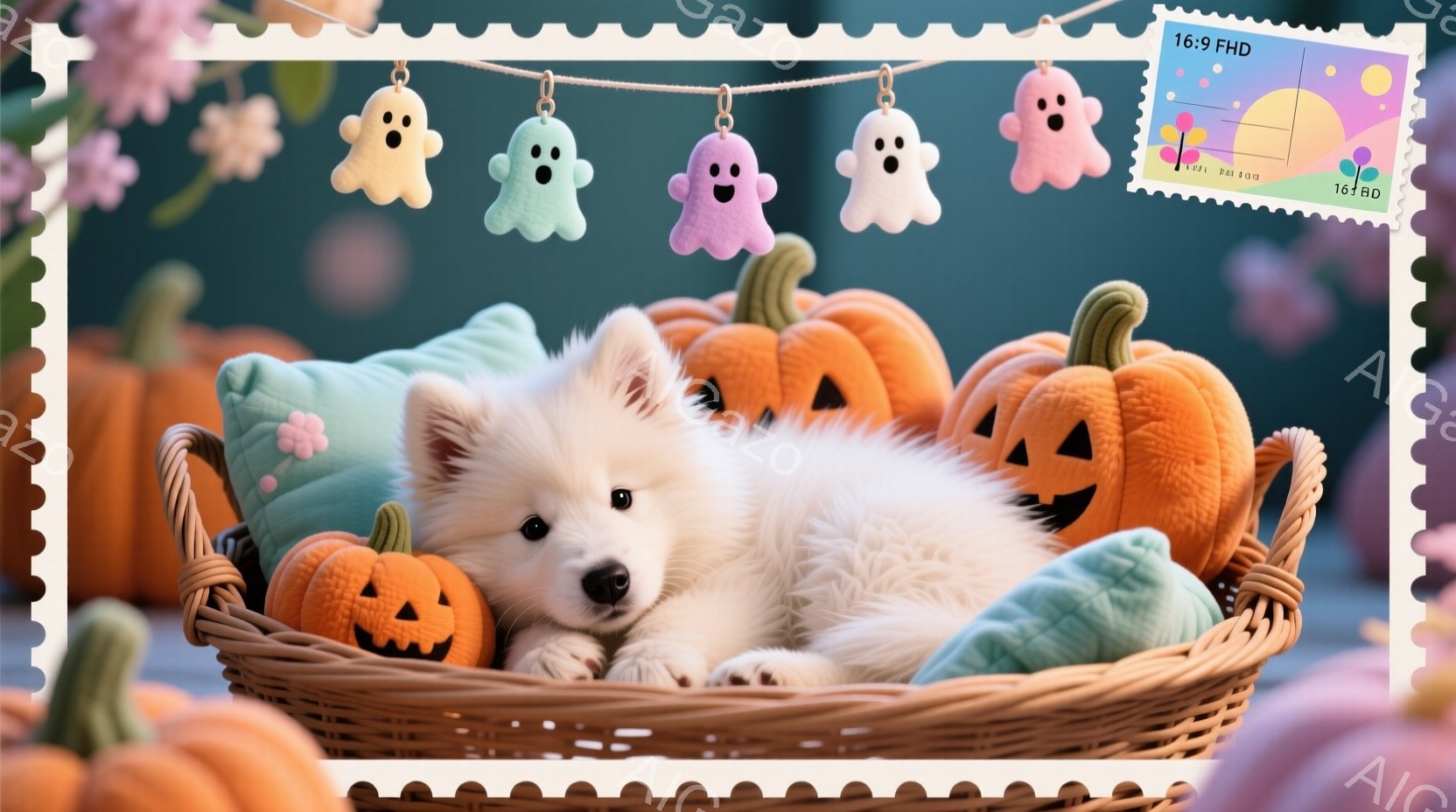 白い子犬が、ハロウィーンの飾りで囲まれたバスケットの中に座っています。カボチャの形をしたクッションや、お化けのオーナメントが可愛らしい雰囲気を醸し出しています。背景は淡い水色で、全体的に暖かく、お祝い - AI生成フリー素材