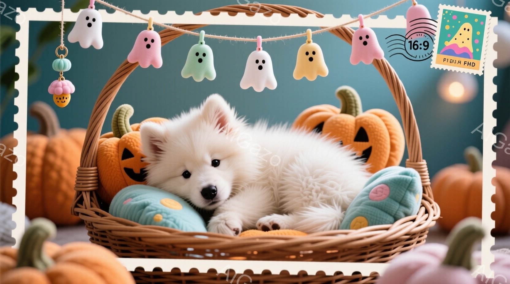 白いふわふわの犬が、ハロウィーン風のかごの中に横たわっています。かごの中には、かぼちゃの形をしたクッションと、幽霊の飾り付けが施されており、背景にはオレンジ色のカボチャが並んでいます。全体的に温かく、 - AI生成フリー素材