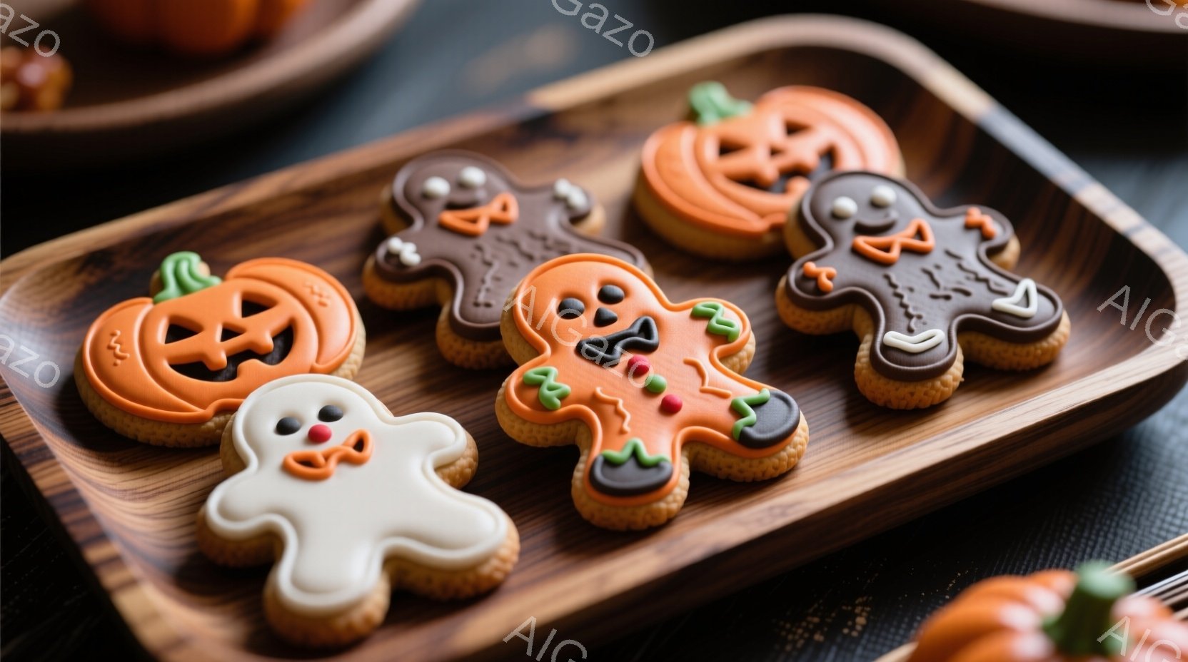 ハロウィーンをテーマにしたクッキーが、木製のプレートに並べられています。かぼちゃ、幽霊、ミイラ、魔女をモチーフにしたクッキーは、オレンジ、白、茶色のアイシングでデコレーションされており、可愛らしい表情 - AI生成フリー素材