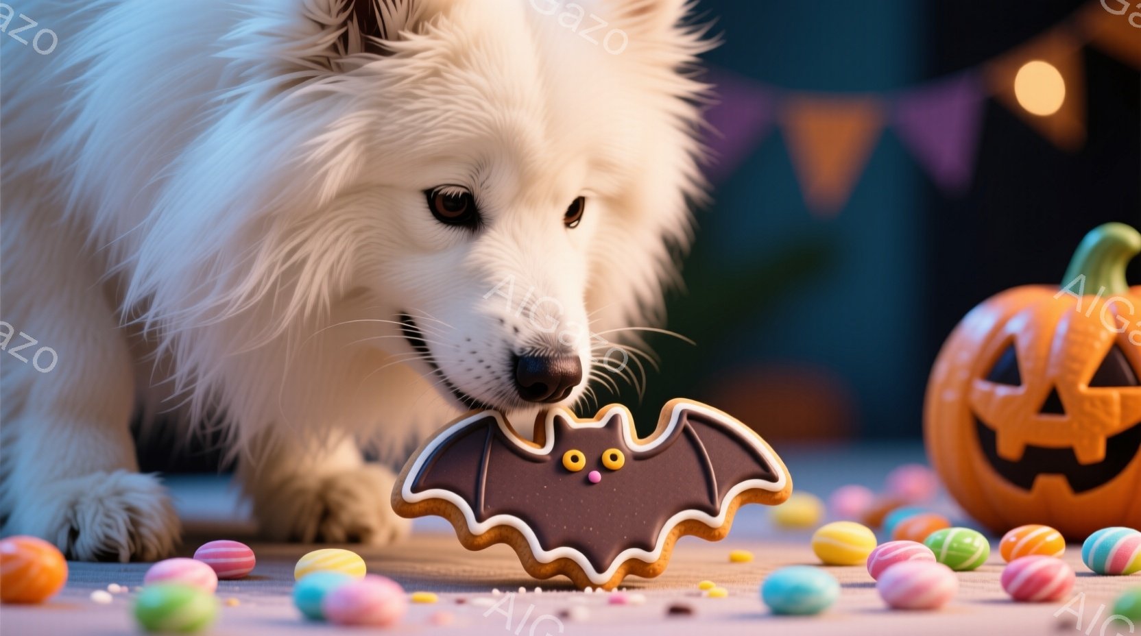 白い毛並みの犬が、ハロウィーンをテーマにしたクッキー（コウモリの形）に鼻を近づけています。周りにはカラフルなキャンディーが散らばり、背景には彫刻が施されたカボチャがぼんやりと見えます。ハロウィーンらし - AI生成フリー素材