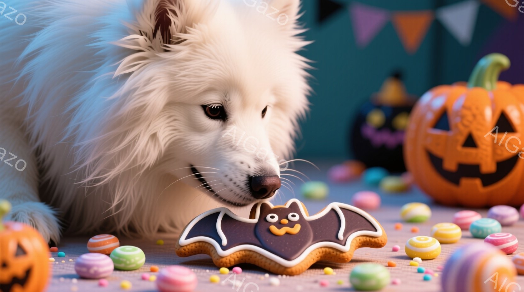 白い毛並みの犬が、ハロウィーンをテーマにしたクッキーに鼻を近づけている。背景には、カラフルなキャンディーや、ジャック・オー・ランタンが並べられ、お祝いの雰囲気を醸し出している。全体的に、暖かく、可愛ら - AI生成フリー素材