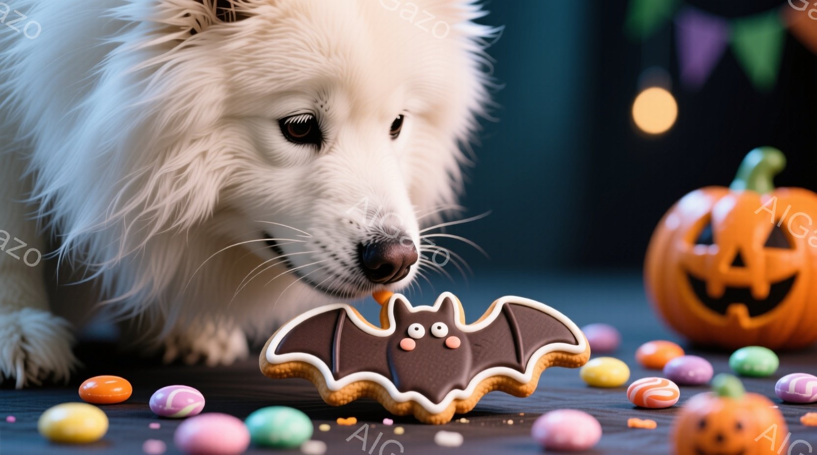 白い毛並みの犬が、ハロウィーンをテーマにしたクッキー（コウモリの形）に鼻を近づけています。背景には、カラフルなキャンディーや、ジャック・オ・ランタンが配置され、ハロウィーンの雰囲気を盛り上げています。 - AI生成フリー素材