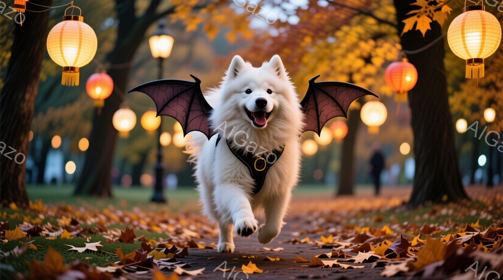 白い毛並みの犬が、ハロウィーンのコスチュームとして黒い翼を付けて、公園の遊歩道を走り抜けている。背景には、秋の紅葉と、ぼんやりと光る提灯が並び、暖かい雰囲気を作り出している。犬は口を開けて楽しそうに走 - AI生成フリー素材