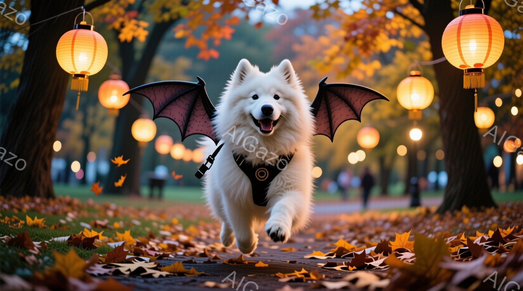 白い毛並みの大型犬が、黒い蝙蝠の羽をつけたコスチュームを着て、公園の遊歩道を走り去っています。背景には、紅葉した木々と、提灯のような光を放つ暖かい照明が並び、秋の穏やかな雰囲気を醸し出しています。犬は嬉しそうに口を開け、楽しげな表情で走っています。
