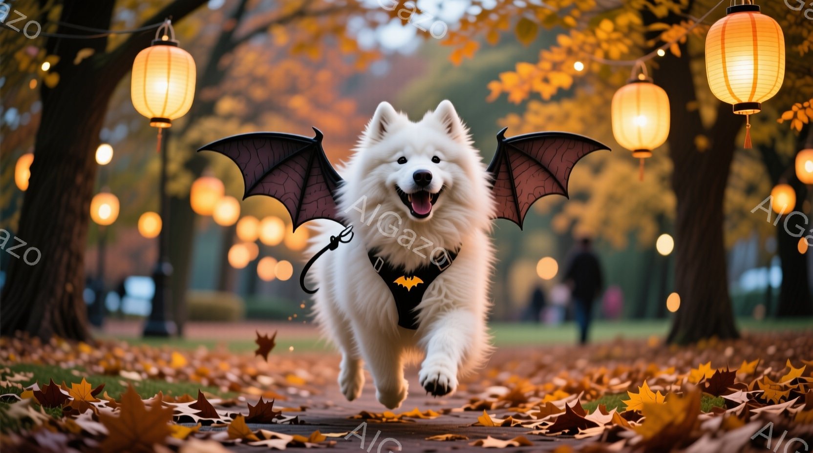 白い毛並みの大型犬が、ハロウィーン用の黒い翼とハーネスを身に着け、公園の小道の中央を嬉しそうに駆け抜けている。背景には秋の紅葉で彩られた木々が立ち並び、ぼんやりとした光を放つ提灯が吊るされ、暖かい雰囲気を作り出している。落ち葉が地面を覆い、秋の穏やかな一日を表している。