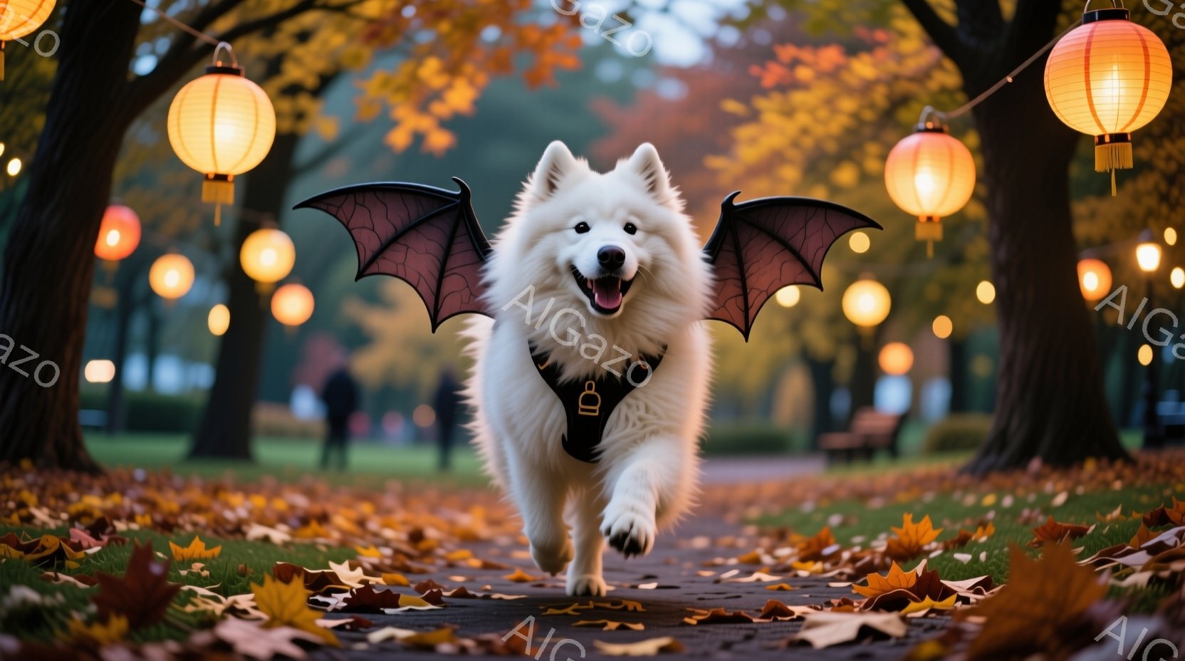 白い毛並みの犬が、ハロウィーンの衣装として黒い翼をつけて、落ち葉が舞う遊歩道を駆けている。背景には、オレンジ色の光を放つ提灯が並び、木々が立ち並び、秋の暖かい雰囲気が漂っている。犬は口を開けて楽しそうに走っており、その表情はとても幸せそうだ。