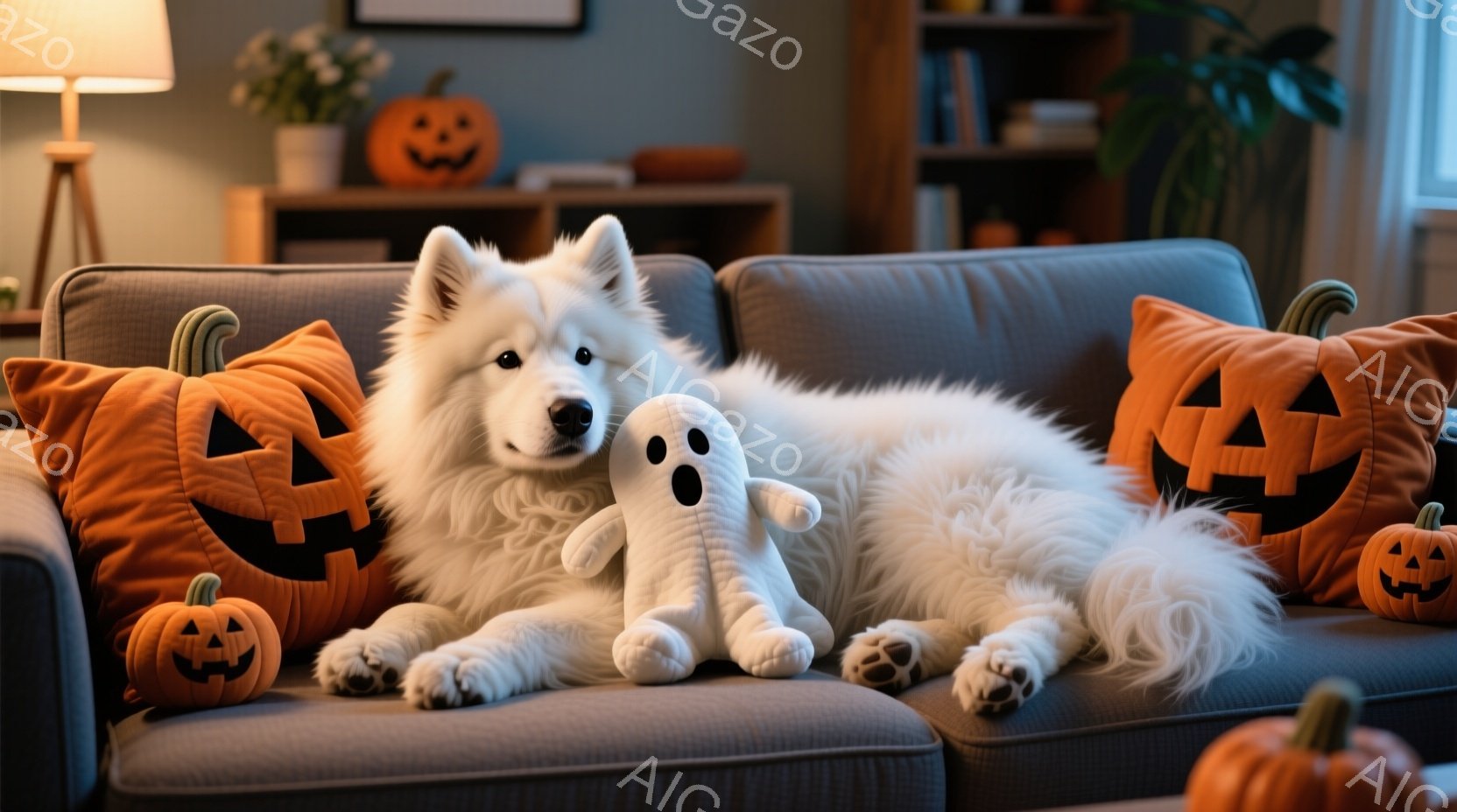 白い毛並みの大きな犬が、ハロウィーンをテーマにしたオレンジ色のジャック・オー・ランタン柄のクッションに囲まれた灰色のソファに横たわっています。犬は白い幽霊のぬいぐるみを抱き、リラックスした表情でカメラ - AI生成フリー素材