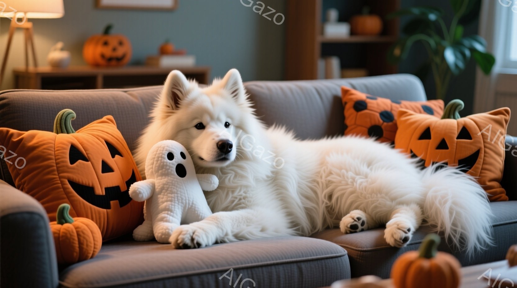 白くふわふわとした毛並みの大型犬が、ハロウィーンをテーマにしたオレンジ色のカボチャ柄クッションに囲まれたグレーのソファに横たわっています。犬はリラックスした表情で、隣には小さな白いお化けのぬいぐるみが - AI生成フリー素材