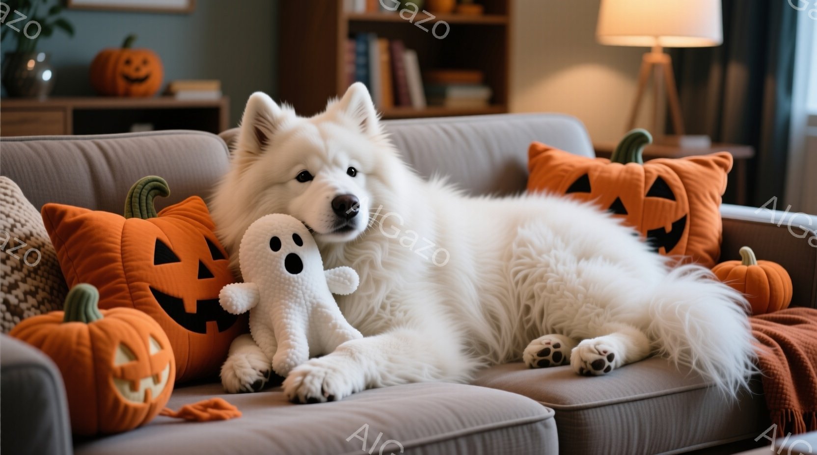 白い毛並みの大型犬が、ハロウィーンをテーマにしたオレンジ色のカボチャ型クッションに囲まれたグレーのソファに横たわっています。犬は白い幽霊のぬいぐるみを前足で抱き、穏やかな表情を浮かべてリラックスしてい - AI生成フリー素材
