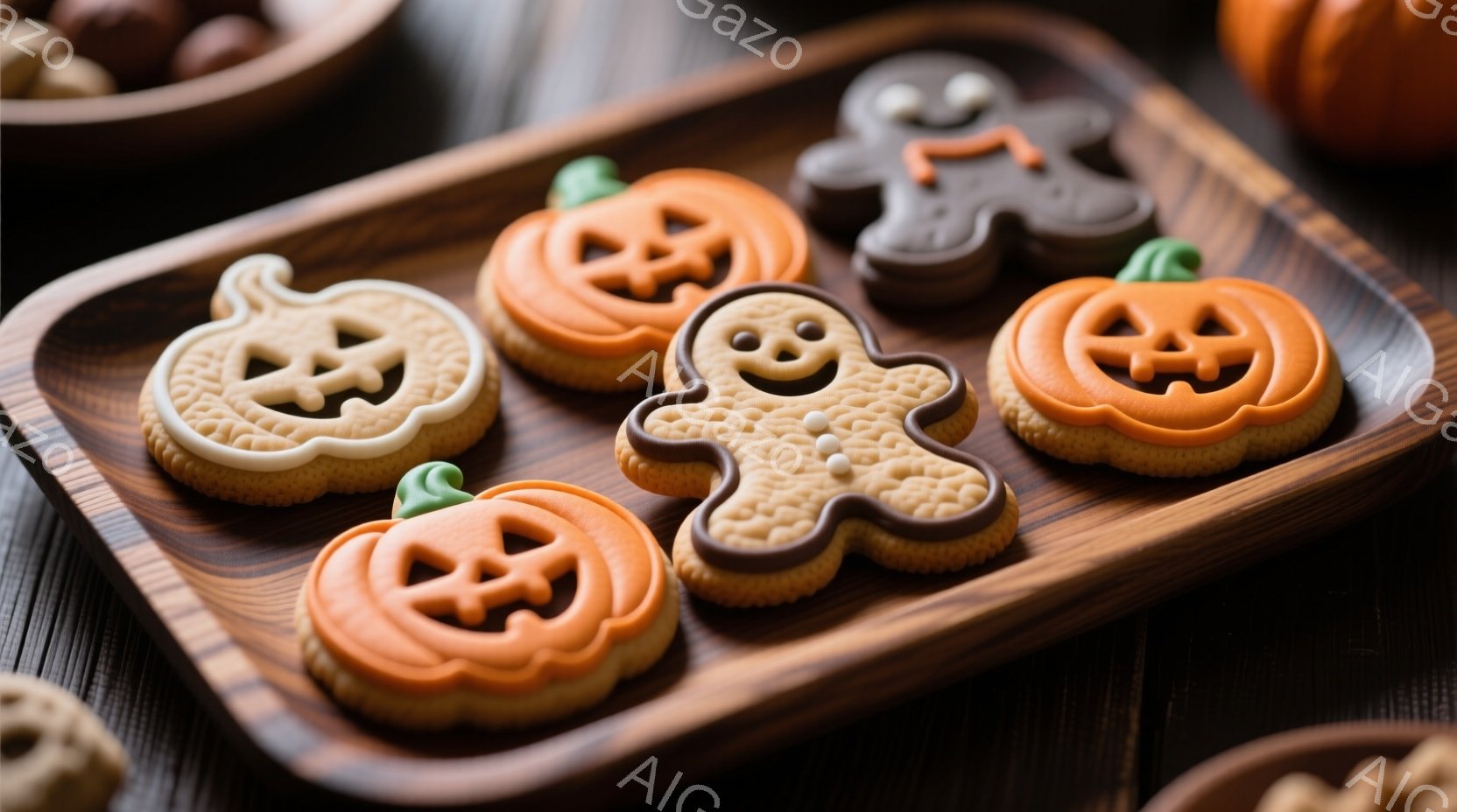 ハロウィーンをテーマにしたクッキーが、木製のトレイの上に並べられています。かぼちゃ、おばけ、人間のような形をしており、それぞれアイシングで装飾され、可愛らしい表情をしています。背景には、木製のテーブルと他のハロウィーンの装飾がぼんやりと見え、温かく楽しい雰囲気を醸し出しています。