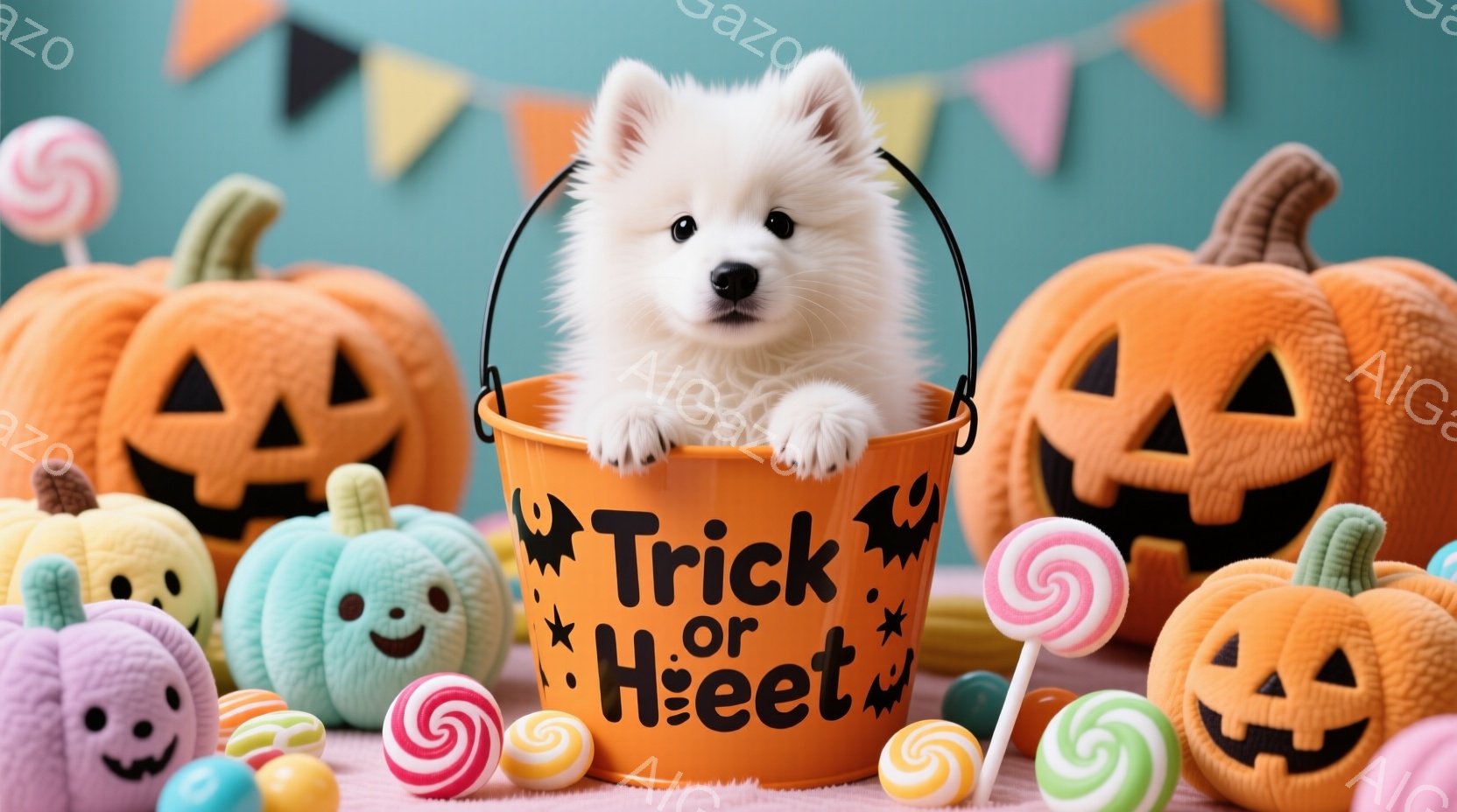 白い毛並みの小型犬が、ハロウィーンをテーマにしたオレンジ色のバケツの中に座っています。バケツには「Trick or Treat」と書かれており、背景には様々な色と形の可愛らしいカボチャとキャンディが散りばめられています。全体的に明るく可愛らしい雰囲気で、ハロウィーンの楽しさを表現しています。