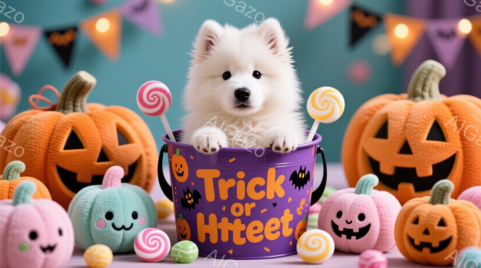 白い子犬が紫色の「トリック・オア・トリート」と書かれたバケツの中に座っており、周りにはハロウィーンの装飾が散りばめられています。背景には、オレンジ色のジャック・オー・ランタンと可愛らしいピンク色のカボチャの飾り、そしてカラフルなキャンディーが配置されています。全体的に、明るく、可愛らしく、お祝いムード満点のハロウィーンの雰囲気です。
