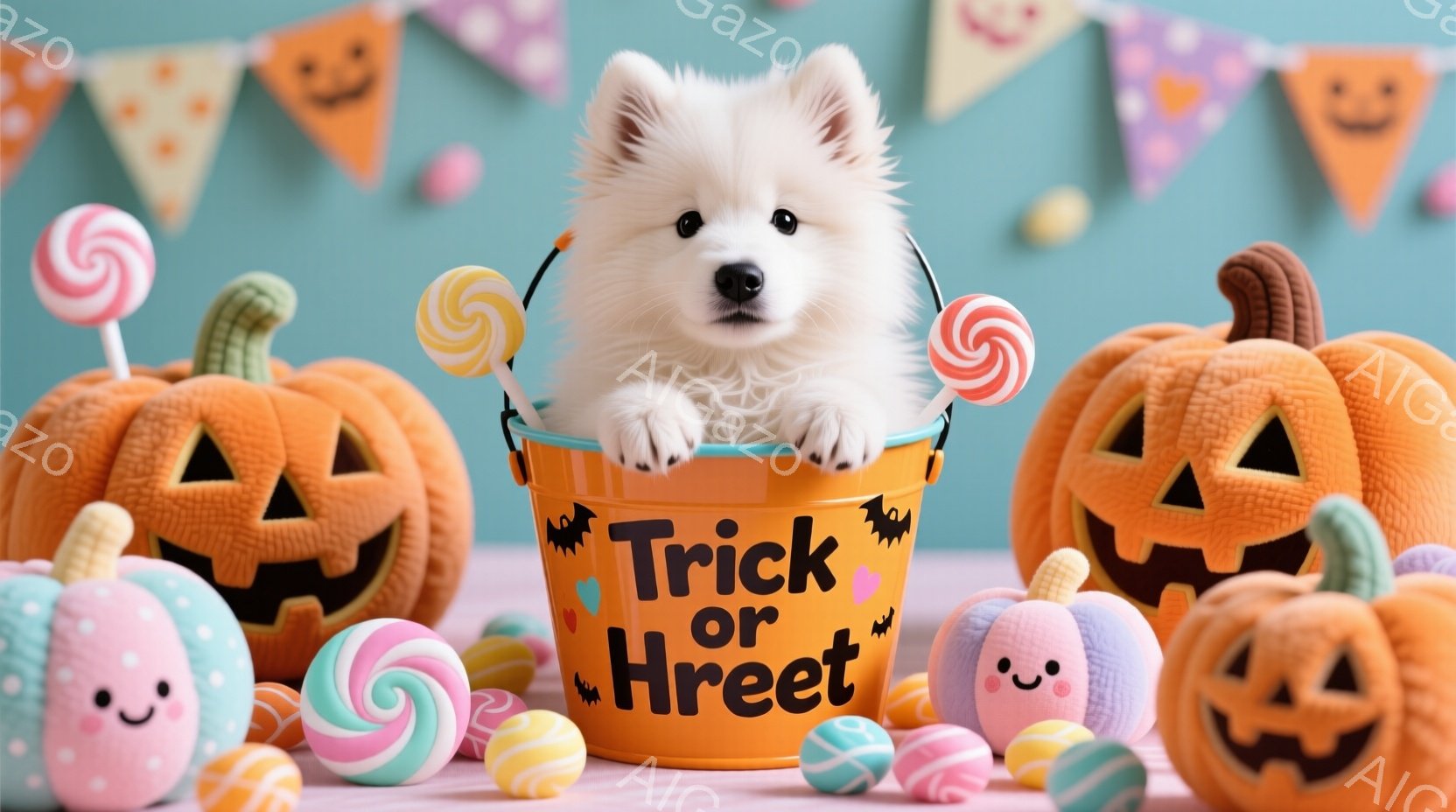 オレンジ色のハロウィーンのバケツの中に、ふわふわの白い子犬が座っており、好奇心と楽しそうな表情でカメラを見つめています。背景には、ジャック・オー・ランタン、キャンディ、かわいらしいお化けの装飾が散りば - AI生成フリー素材