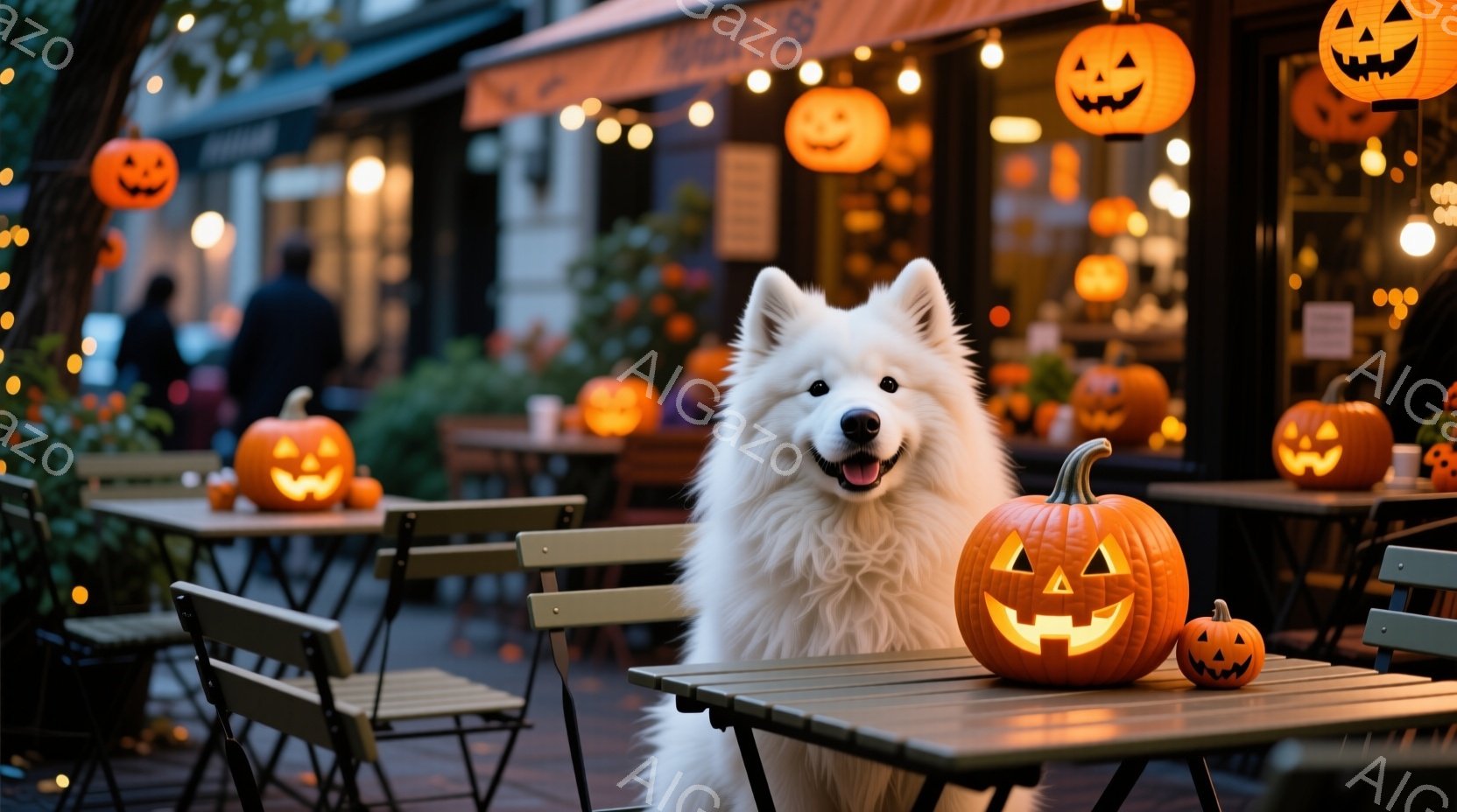 白い毛並みの大型犬が、ハロウィンの飾り付けがされた屋外カフェのテーブルに座ってこちらを見ている。テーブルの上には、ジャック・オー・ランタンが置かれ、カフェの背景にはオレンジ色のライトで飾られた建物が見 - AI生成フリー素材