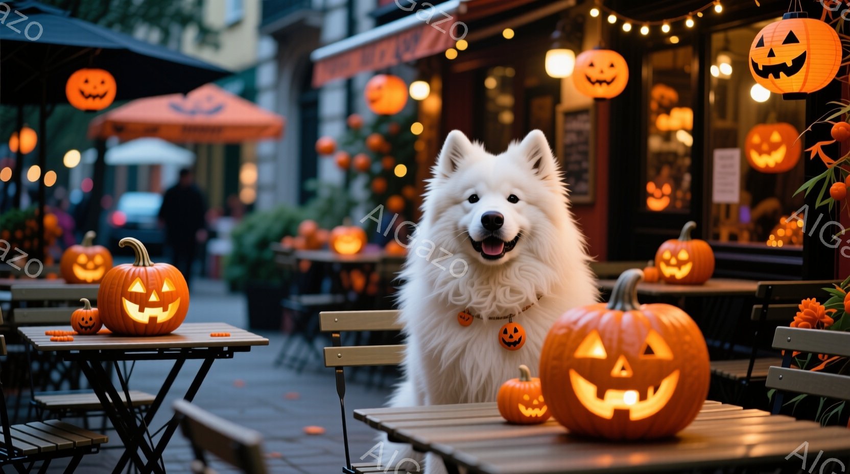 白い毛並みの大きな犬が、ハロウィーンの装飾で飾られた屋外のカフェに座っています。周りには様々な大きさのジャック・オー・ランタンが置かれ、カフェのテーブルやパラソルもオレンジ色にライトアップされており、 - AI生成フリー素材