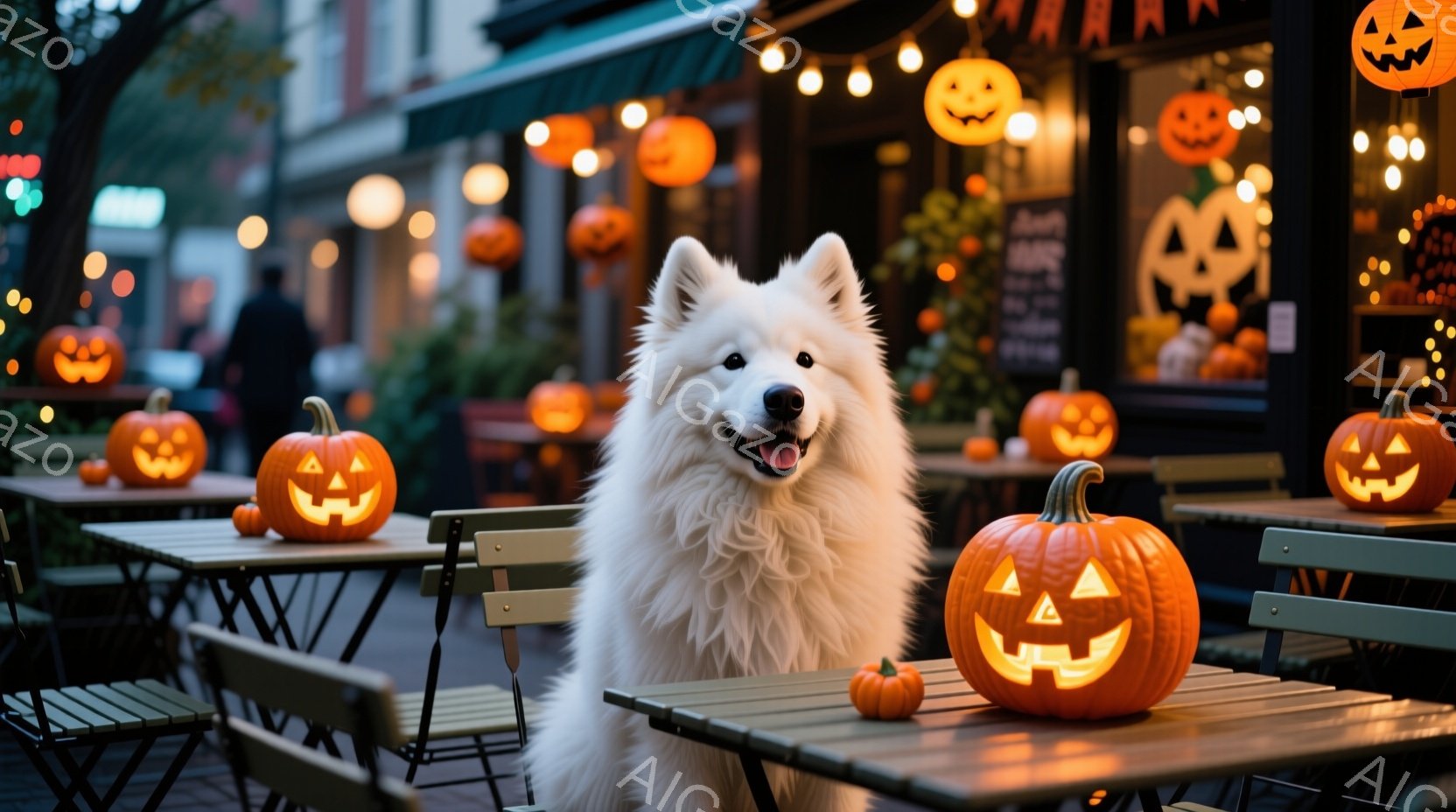 白い毛並みの大型犬が、ハロウィーンの装飾が施された屋外カフェのテーブルに座っています。テーブルの上には、様々な大きさのジャック・オー・ランタンが置かれ、背景にはぼんやりと建物と街路樹が見え、暖かく幻想 - AI生成フリー素材