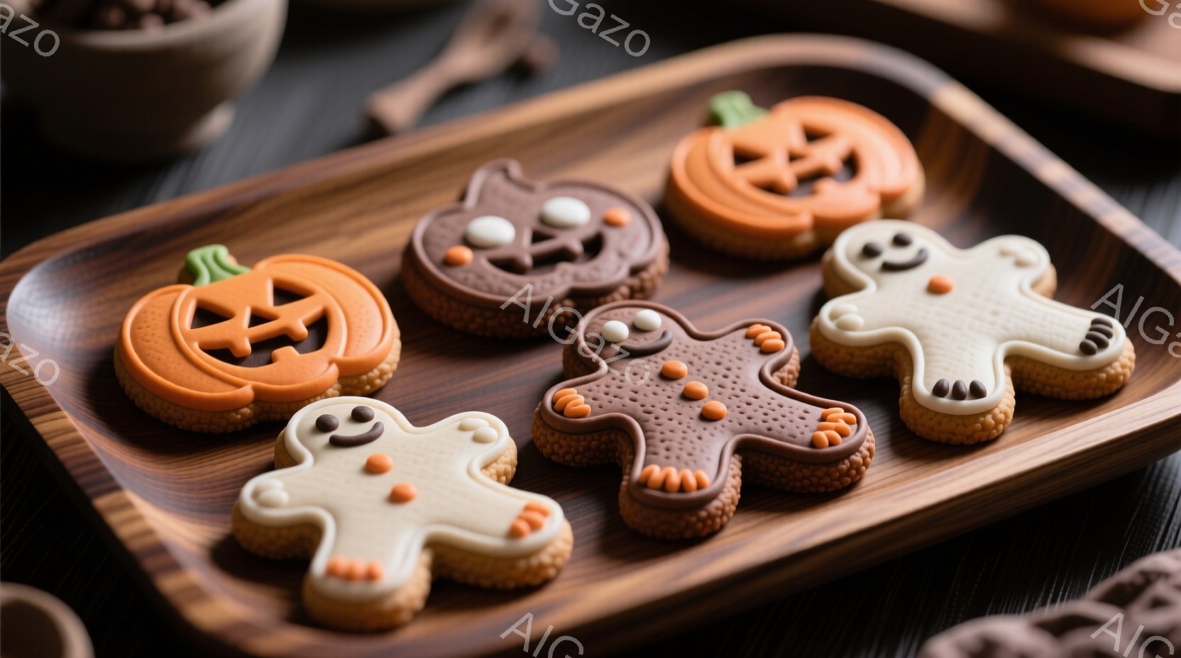 ハロウィーンをテーマにしたクッキーが、木の板の上に並べられています。カボチャ、お化け、コウモリ、そして何かの動物（おそらくネコ）の形をしており、それぞれ表情豊かにデコレーションされています。背景にはぼやけた様子が見え、全体的に温かく、お祭り気分を感じさせる雰囲気です。