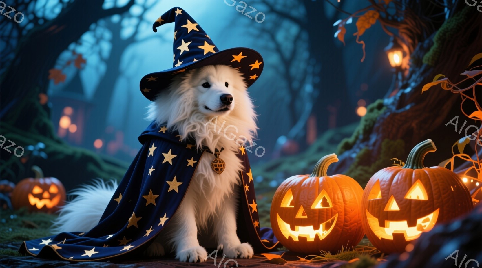 白い毛並みの犬が、星柄の黒い魔法使いの衣装を身につけて座っています。背景には、明るく照らされたジャック・オー・ランタンがいくつか置かれ、暗い森が広がっています。 全体的にハロウィーンの幻想的な雰囲気が - AI生成フリー素材