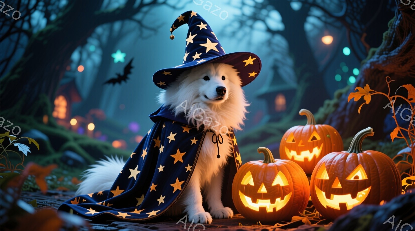 白い毛並みの犬が、星柄の青い魔法使いのローブと帽子を身につけて座っています。周りにはジャック・オー・ランタンが三つ並び、不気味で幻想的な雰囲気を作り出しています。背景は暗い森で、遠くにはぼんやりと建物 - AI生成フリー素材