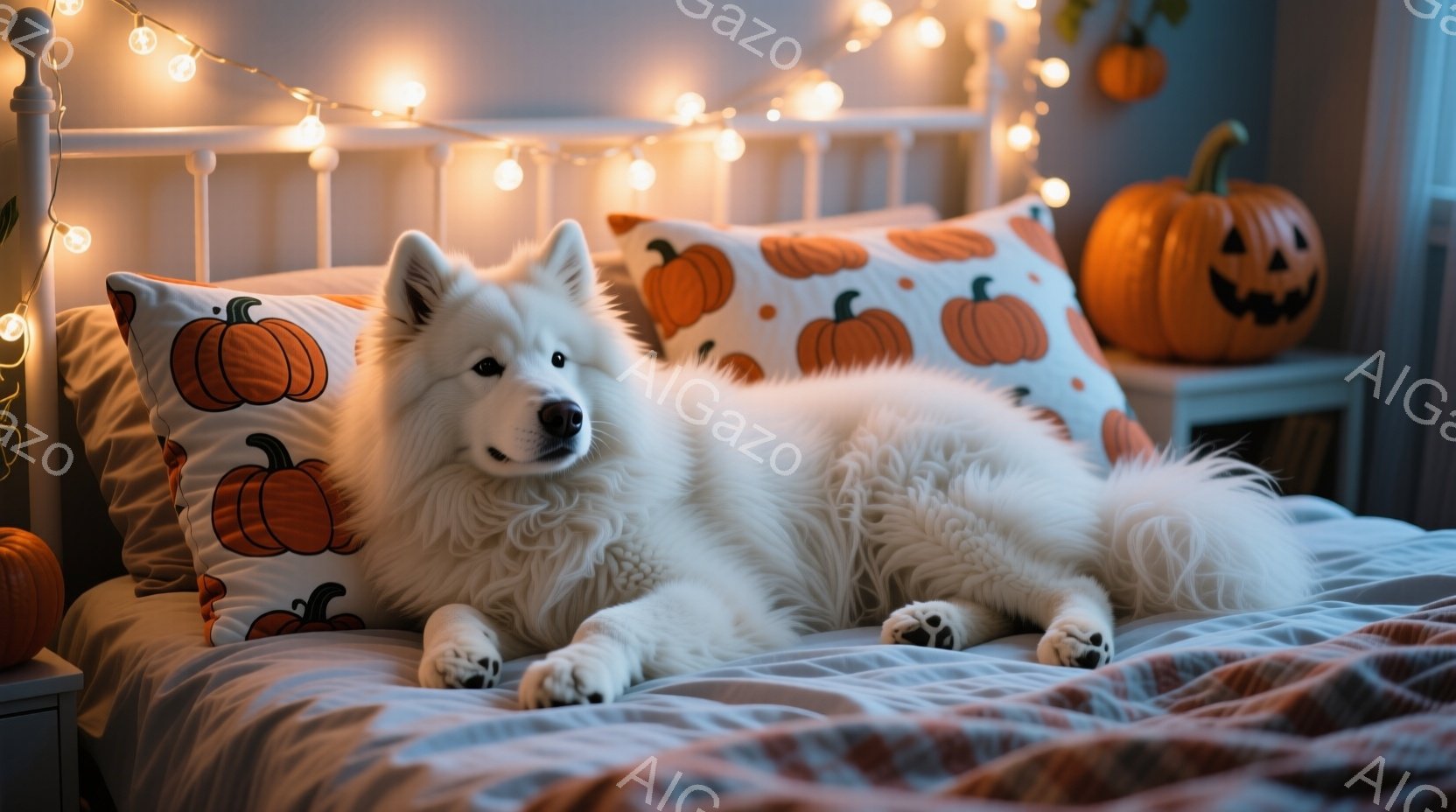 白い毛並みの大型犬がベッドに横たわっており、リラックスした表情をしています。背景にはハロウィーンを意識したカボチャ柄の枕や、カボチャの飾り、そして温かい光のガーランドがあり、秋の温かい雰囲気を演出して - AI生成フリー素材