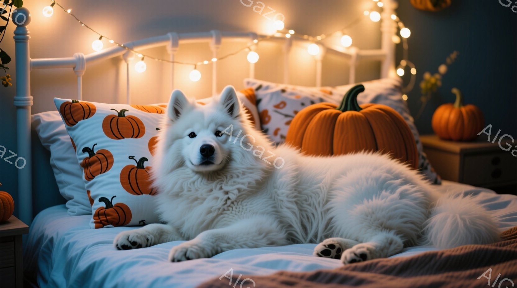白い毛並みの大きな犬がベッドの上で横たわっています。ベッドにはかぼちゃ柄のクッションや本物のカボチャが飾られており、ベッドの背景には温かみのある電飾が光っています。全体的に秋らしい、穏やかでリラックス - AI生成フリー素材
