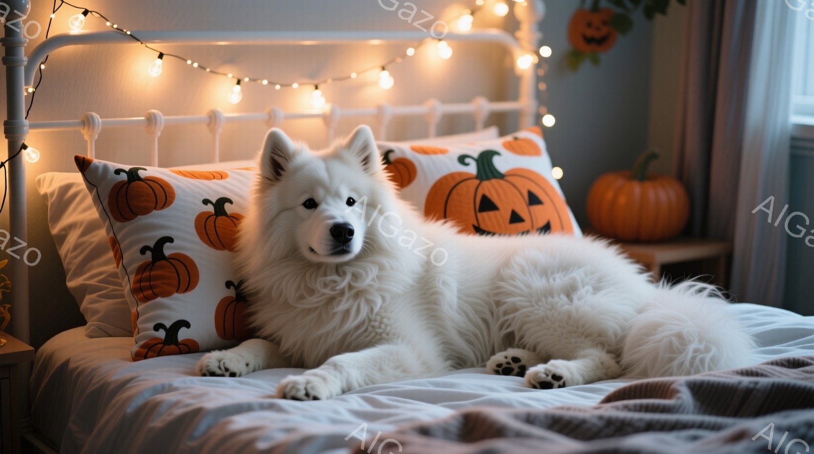 白い毛並みの大きな犬がベッドの上で横たわっています。背景にはハロウィンを意識したカボチャ柄のクッションや、オレンジ色のカボチャの置物が飾られており、ベッドの上には暖かい色の毛布が掛けられています。全体 - AI生成フリー素材