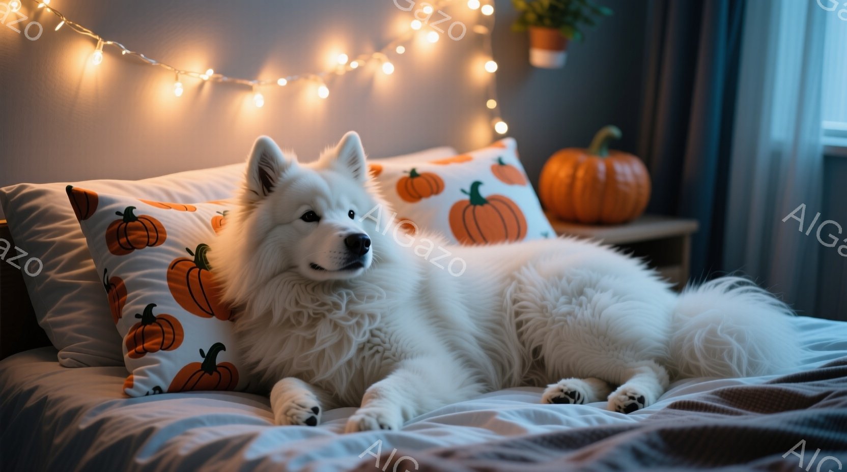 白い毛並みの大きな犬がベッドの上で横たわっています。オレンジ色のカボチャ柄の枕が犬の周りに置かれ、背景にはハロウィーンの飾り付けが見られます。全体的に暖かく、リラックスした雰囲気で、秋らしさを感じさせ - AI生成フリー素材