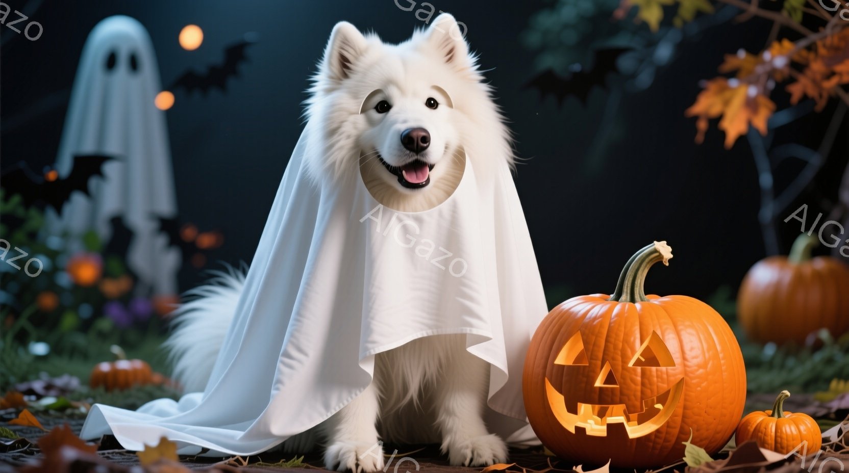 白い毛並みの犬が、ハロウィーンの仮装で白い幽霊の衣装を身につけて座っています。顔は楽しそうで、口角が上がって微笑んでいます。背景には、ハロウィーンを象徴するカボチャやコウモリ、そして落ち葉が散らばって - AI生成フリー素材