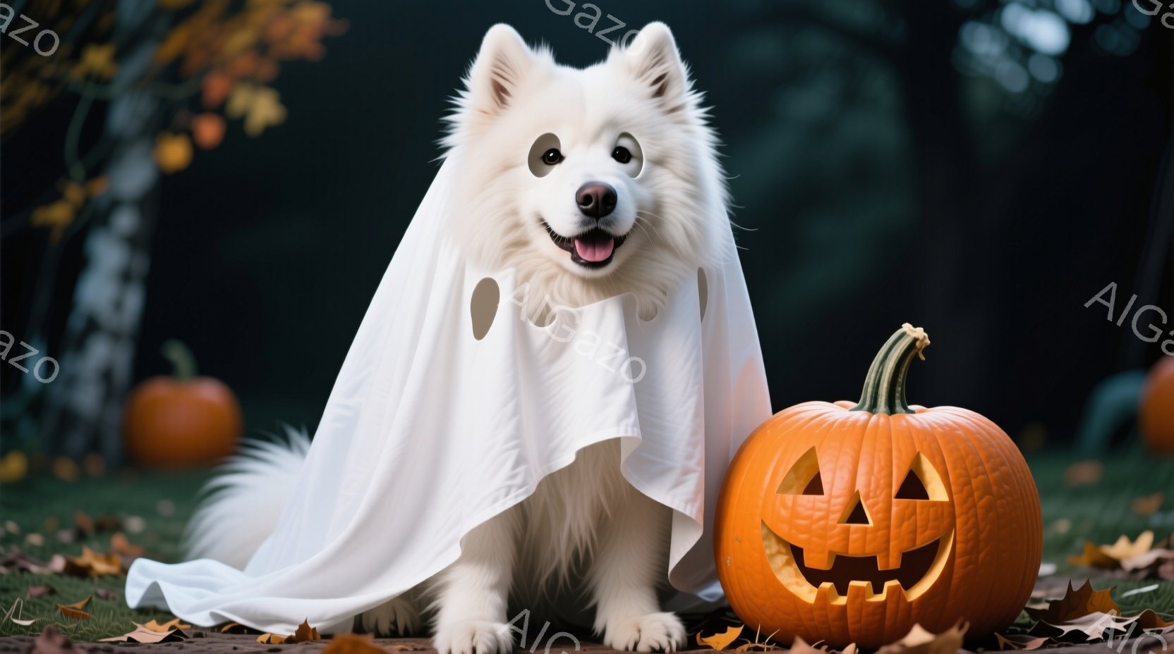 白い毛並みの犬が、ハロウィーン用の白い幽霊の衣装を身につけて座っています。その表情は穏やかで、少し微笑んでいるように見え、まるで楽しんでいるかのようです。背景には、ジャック・オー・ランタンと落ち葉が散 - AI生成フリー素材