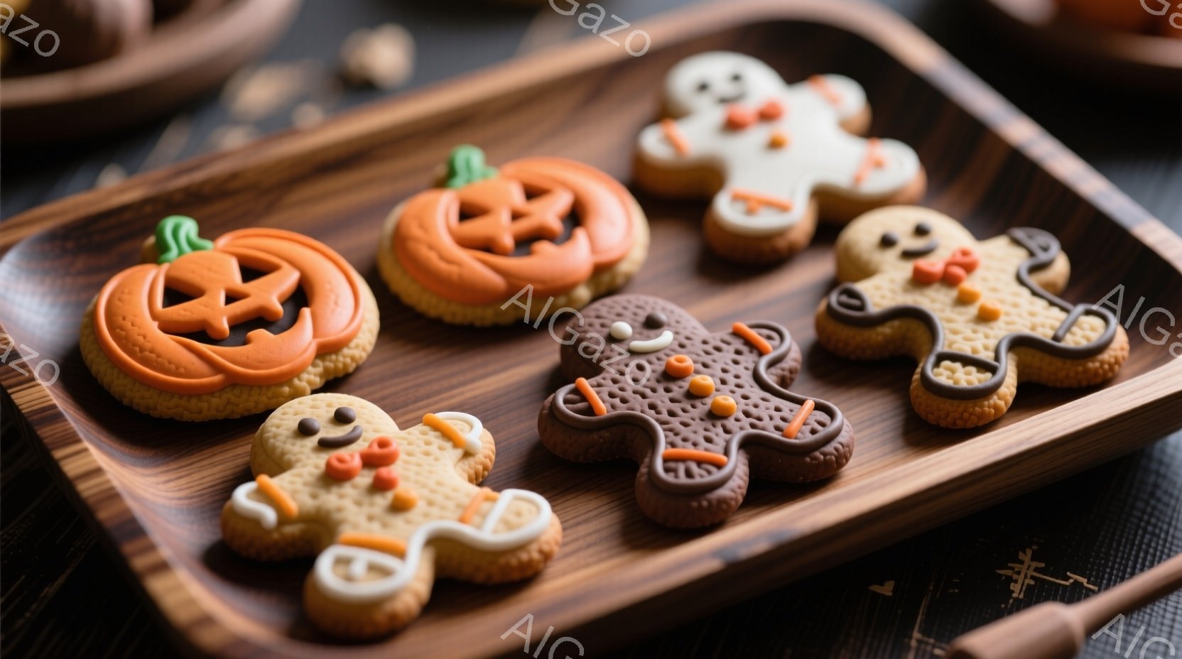 濃い木製のトレイの上に、ハロウィーンをテーマにしたクッキーが並べられています。カボチャや幽霊、人型のクッキーは、それぞれアイシングで装飾され、可愛らしい表情をしています。背景には、暗い布とぼやけた他の - AI生成フリー素材