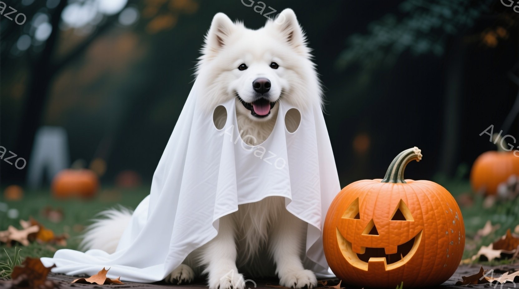 白い毛並みの犬が、ハロウィーン用の白い幽霊の衣装を着て座っています。愛らしい表情で口を開け、楽しそうにしています。背景には、彫刻が施されたカボチャや落ち葉が散らばり、秋の自然の中でハロウィーンの雰囲気 - AI生成フリー素材