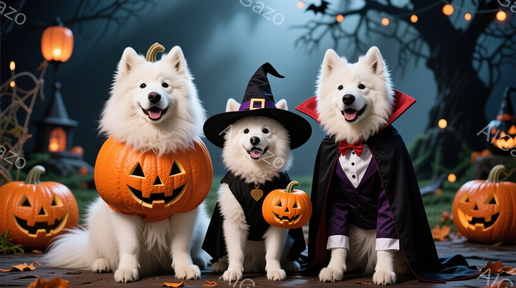 白い毛並みの犬が3匹、ハロウィーンの衣装を着て整列しています。左の犬はカボチャの衣装、真ん中の犬は魔女の帽子とベスト、右の犬は吸血鬼の衣装を着ており、それぞれ楽しそうな表情をしています。背景には、ハロ - AI生成フリー素材
