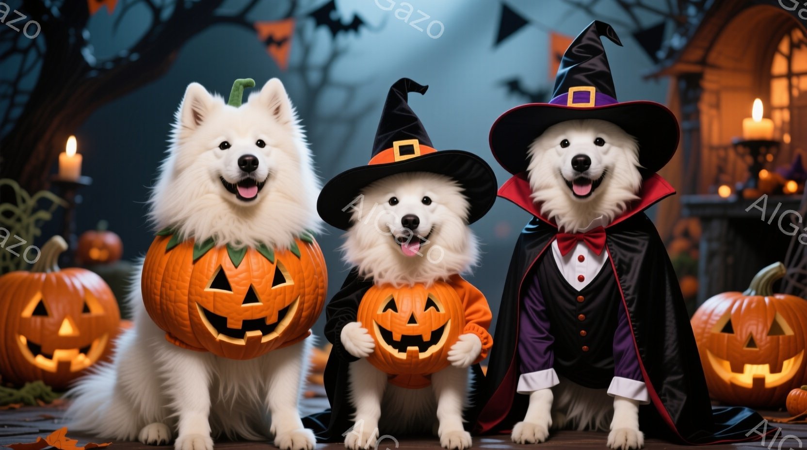三匹の白い犬がハロウィーンの衣装を着て、それぞれカボチャを抱えています。左の犬はカボチャの衣装、中央の犬は魔女の帽子とカボチャ、そして右の犬はドラキュラの衣装を着ています。背景には、オレンジ色の光を放 - AI生成フリー素材
