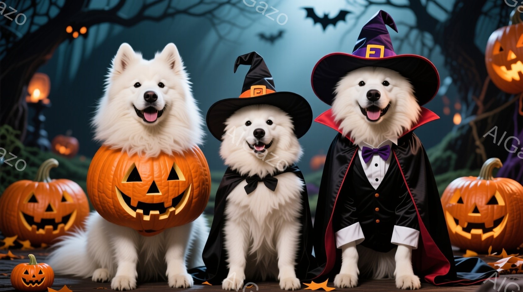 白い毛並みの犬たちがハロウィーンの衣装を着て整列しています。中央の犬は黒い蝶ネクタイと帽子を着用し、両隣の犬はそれぞれジャック・オー・ランタンと黒いマントを身につけています。背景には、不気味な木々とジ - AI生成フリー素材