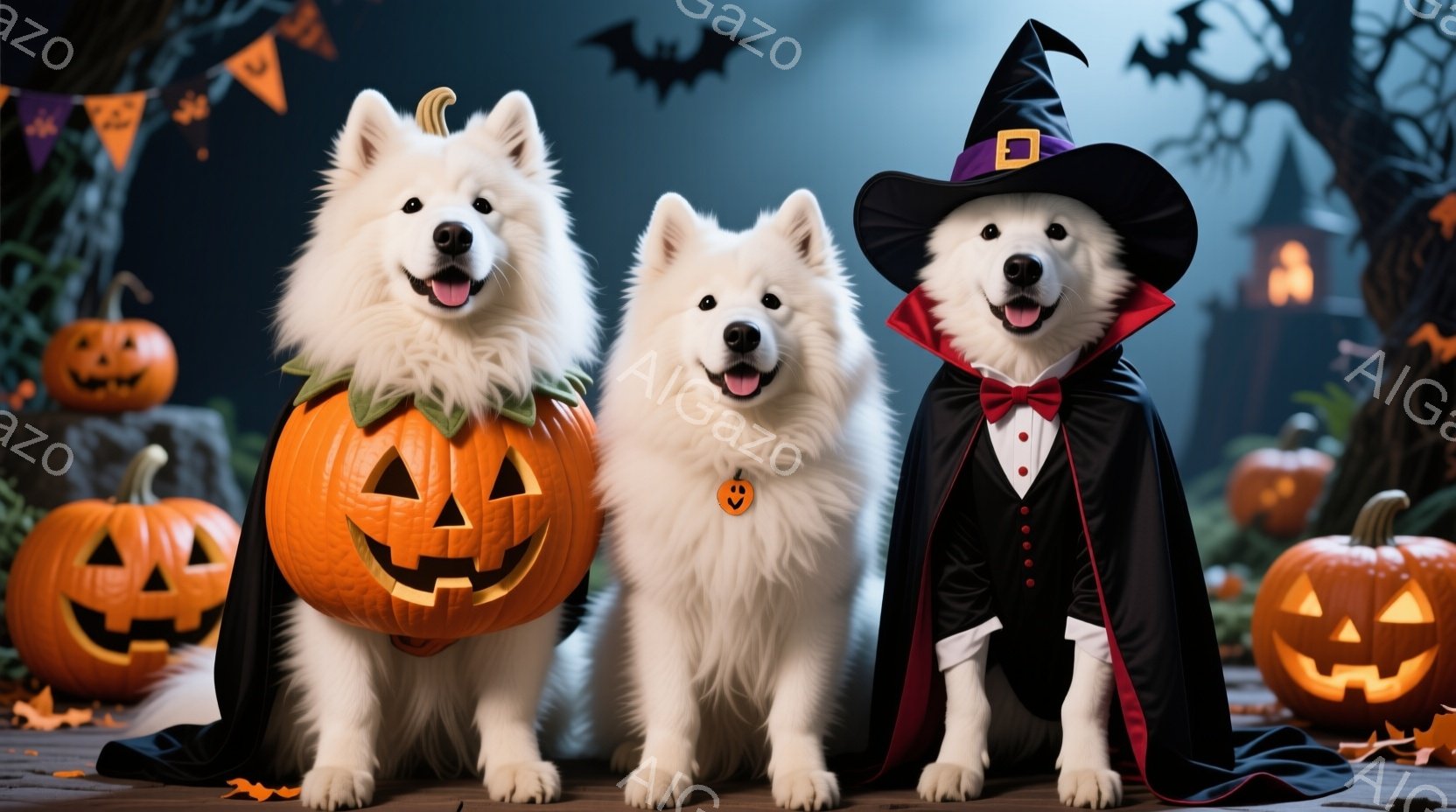 白い毛並みの犬たちがハロウィーンの衣装を着て並んでいます。中央の犬はカボチャの飾りを首に巻き、両側の犬はそれぞれ魔女帽子とヴァンパイア風の衣装を着ています。背景にはお化け屋敷のような建物、ジャック・オ - AI生成フリー素材