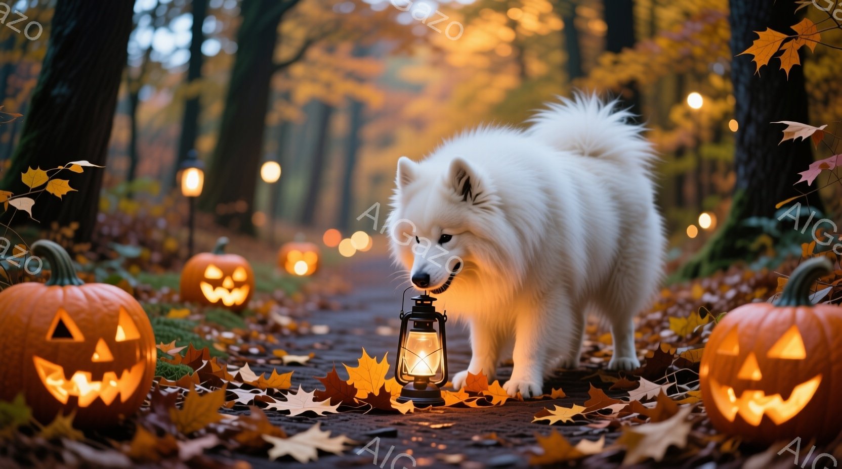 白い毛並みの犬が、落ち葉が敷き詰められた小道で、点灯したランタンを見つめています。背景には、様々な大きさのジャック・オー・ランタンが並び、暖かく幻想的なハロウィーンの雰囲気を醸し出しています。木々が生 - AI生成フリー素材