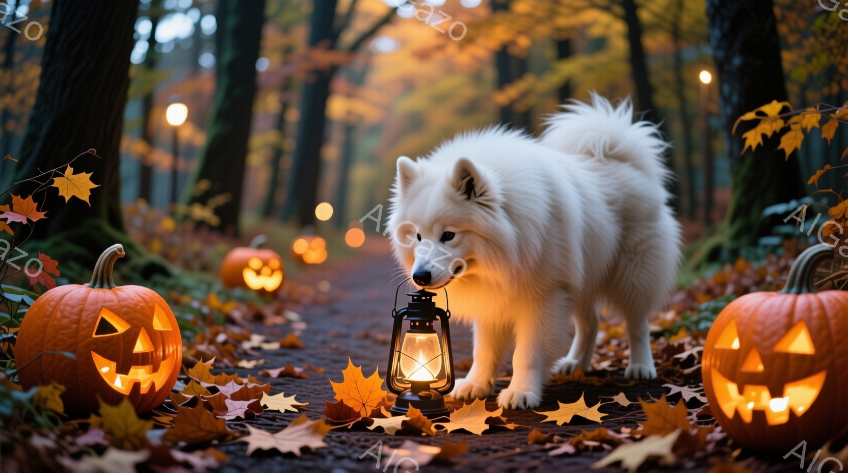 白い毛並みの大きな犬が、落ち葉が敷き詰められた森の小道を歩いている。道沿いにはジャック・オ・ランタンが並び、犬はその一つに興味津々で鼻を近づけている。背景には木々が生い茂り、暖かい光が差し込み、ハロウ - AI生成フリー素材