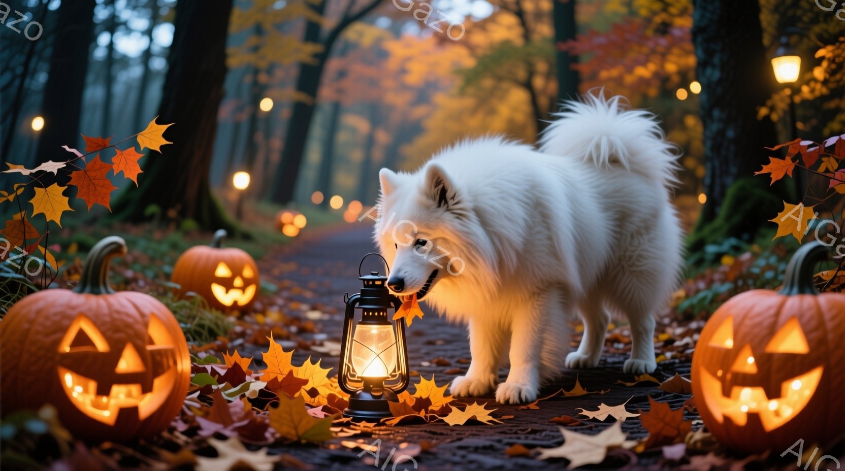 白い毛並みの大型犬が、ハロウィーンの飾り付けがされた森の小道で、提灯を優しくくわえています。道には散り葉が敷き詰められ、両脇にはジャック・オー・ランタンが灯っており、秋の夜の幻想的な雰囲気を醸し出して - AI生成フリー素材