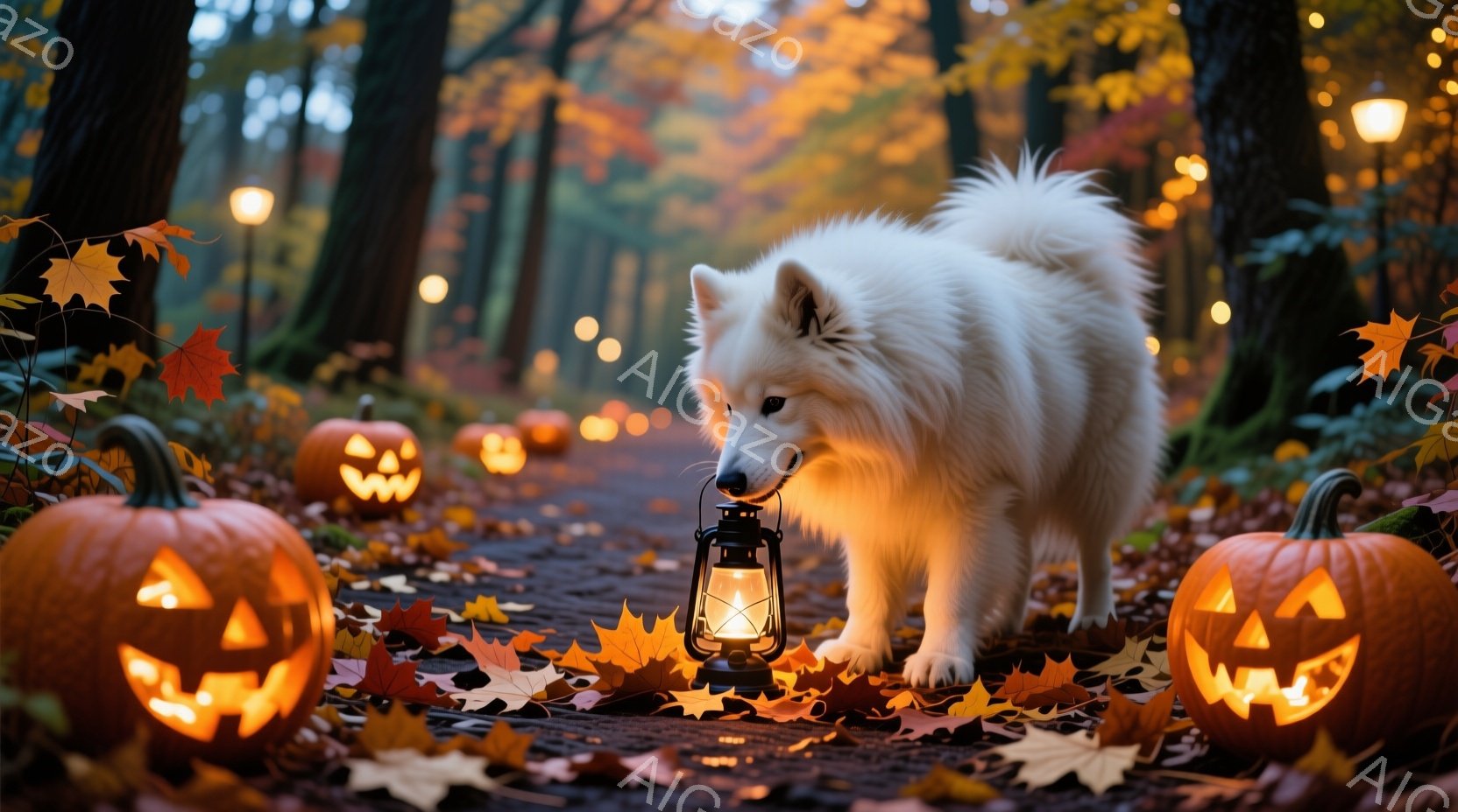 白い毛並みの犬が、ハロウィーンの飾り付けであるカボチャに囲まれた森の小道を歩いている。犬は古いランタンを口にくわえ、周囲の明るいオレンジ色のカボチャの光を受けて照らされている。背景には紅葉した木々が立ち並び、落ち葉が地面を覆い、全体的に幻想的で温かいハロウィーンの雰囲気を醸し出している。