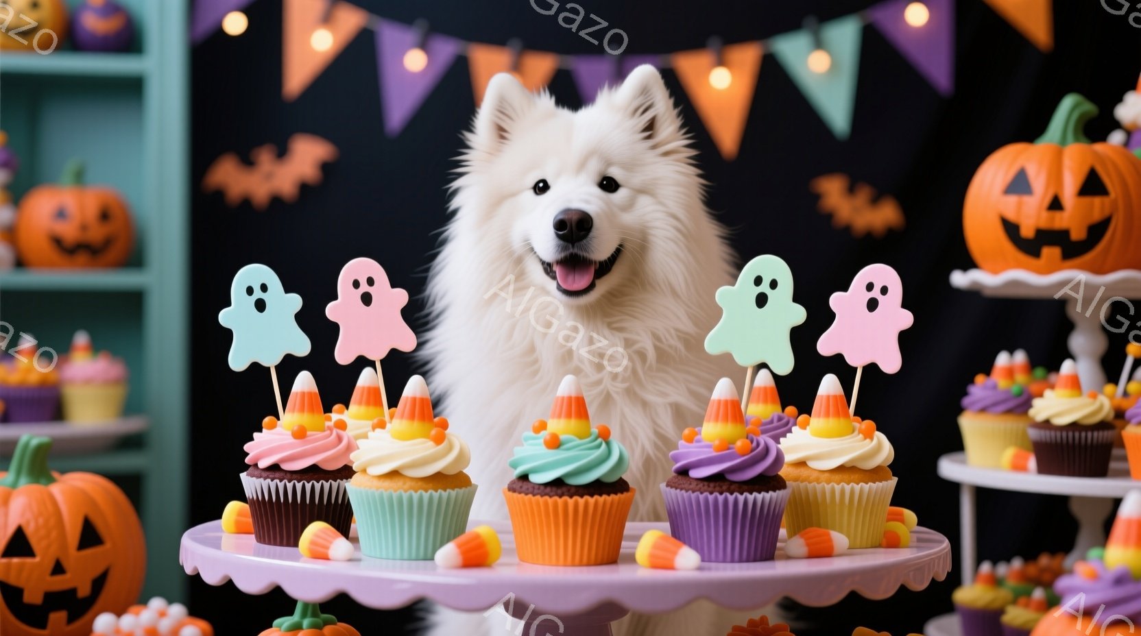 白い毛並みの大きな犬が、ハロウィーンをテーマにしたケーキの前に立っています。ケーキはピンク、オレンジ、紫の色合いで装飾され、お化けやキャンディコーンのトッピングが施されています。背景にはハロウィーンの - AI生成フリー素材