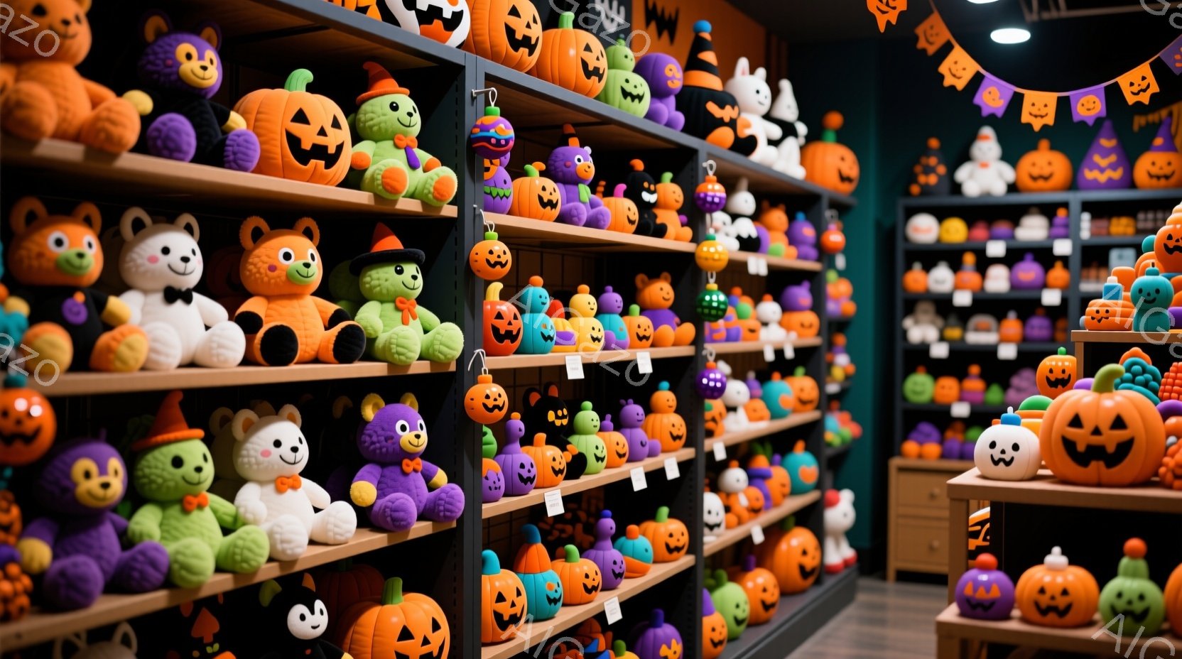 ハロウィーンの装飾が施された店内に、様々な色のカボチャのぬいぐるみたちが整然と並べられています。オレンジ、紫、緑、白などのカラフルなカボチャたちは、それぞれ愛らしい表情を浮かべており、ハロウィーンの楽 - AI生成フリー素材