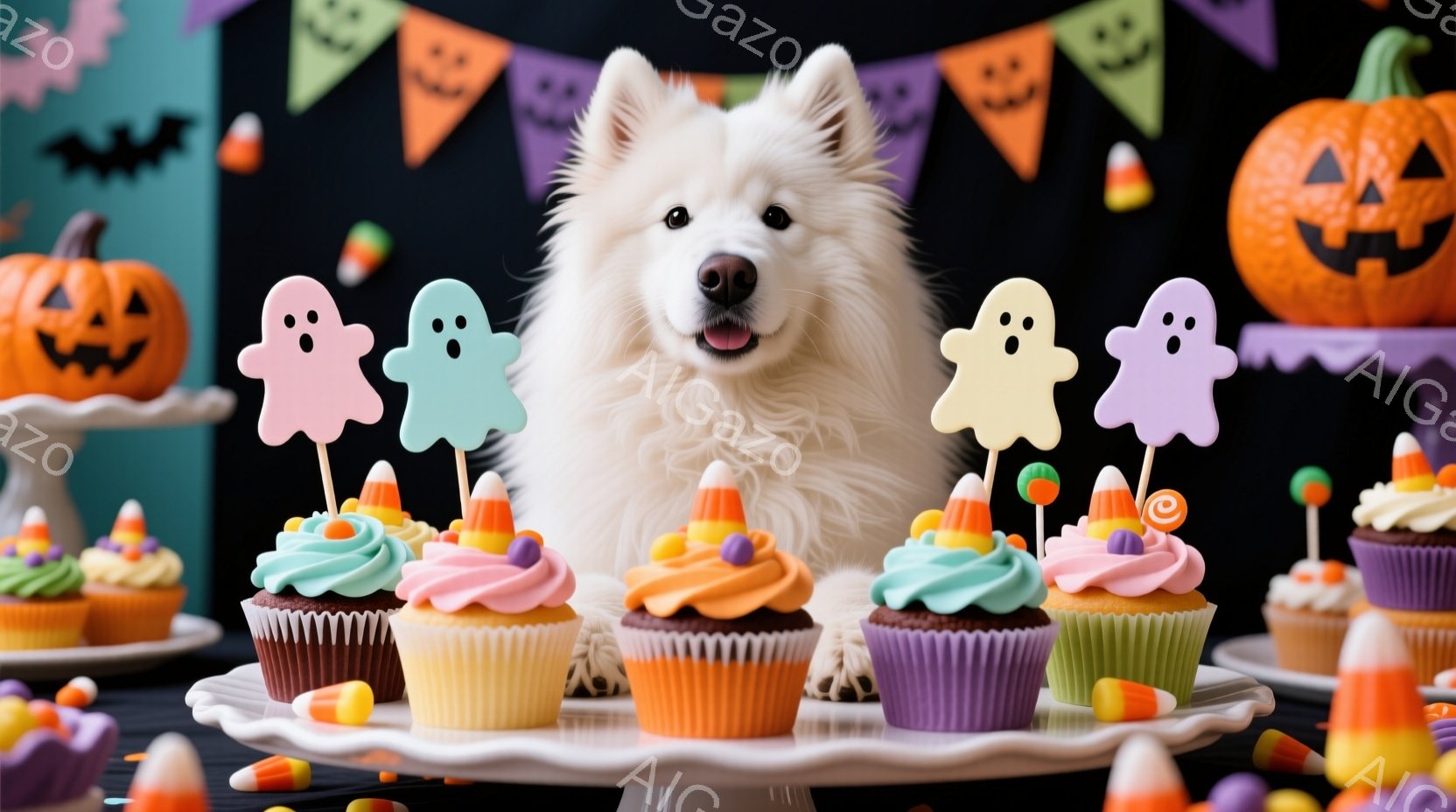 白い牧羊犬が、ハロウィーンをテーマにしたカップケーキの盛り合わせの前に座っています。背景には、カボチャのランタンと幽霊の飾り、そしてカラフルなハロウィーンの旗が飾られています。全体的に、明るくお祝いの - AI生成フリー素材
