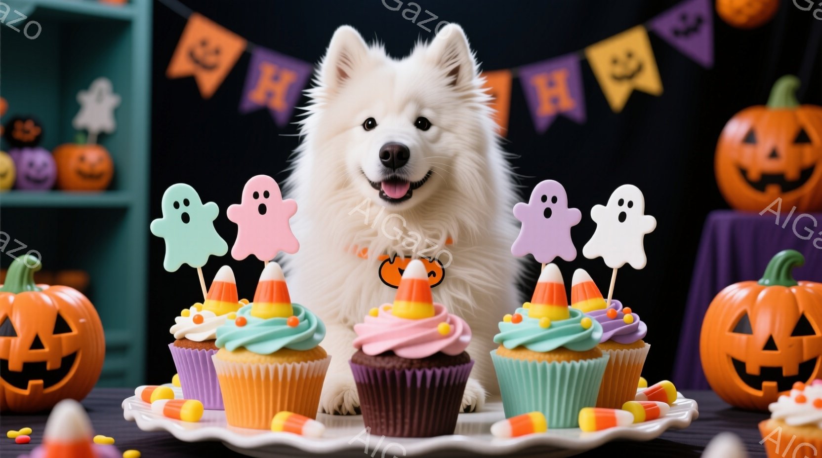 白い毛並みの大きな犬が、ハロウィーンをテーマにしたカップケーキの前に座っています。カップケーキにはお化けとコーンキャンディの飾りがあり、テーブルの上には様々なハロウィーンのお菓子が散らばっています。背 - AI生成フリー素材