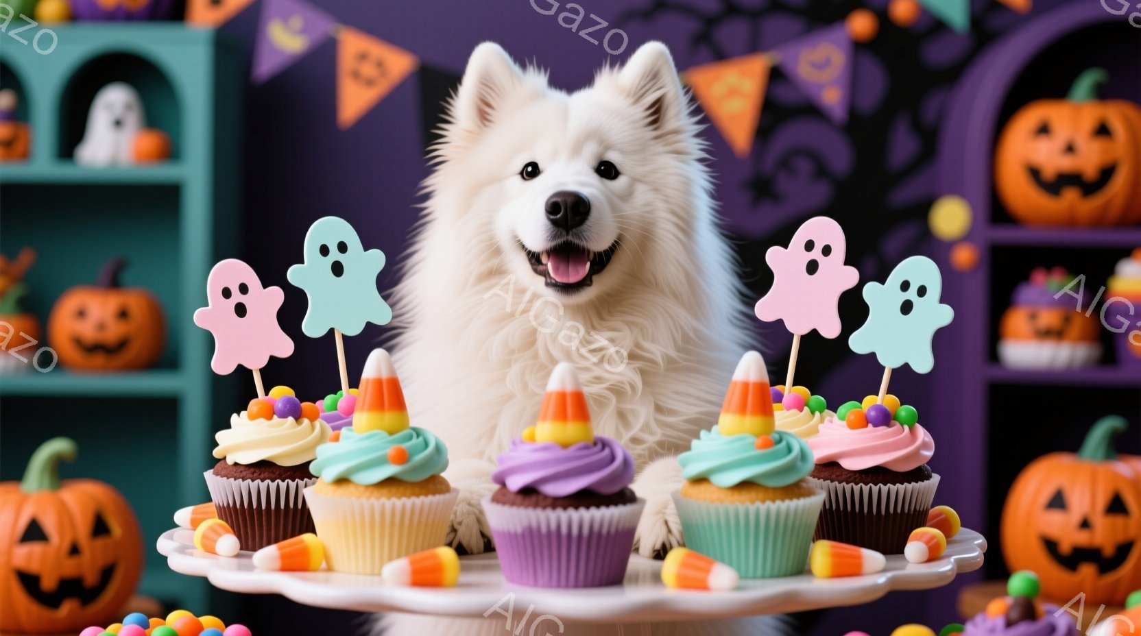 白い毛並みの犬が、ハロウィーンのカップケーキが並んだケーキスタンドの前に座っています。カップケーキにはお化けやコーンキャンディの飾りがあり、背景にはハロウィーンの装飾が施された棚と、ジャック・オー・ラ - AI生成フリー素材